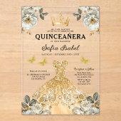 Floral Gold Butterfly Princess Quinceanera Acryl Uitnodigingen (Voorkant)