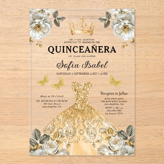 Floral Gold Butterfly Princess Quinceanera Acryl Uitnodigingen (Voorkant)