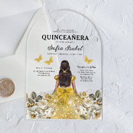 Floral Gold Butterfly Princess Quinceanera Acryl Uitnodigingen
