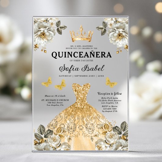 Floral Gold Butterfly Princess Quinceanera Acryl Uitnodigingen