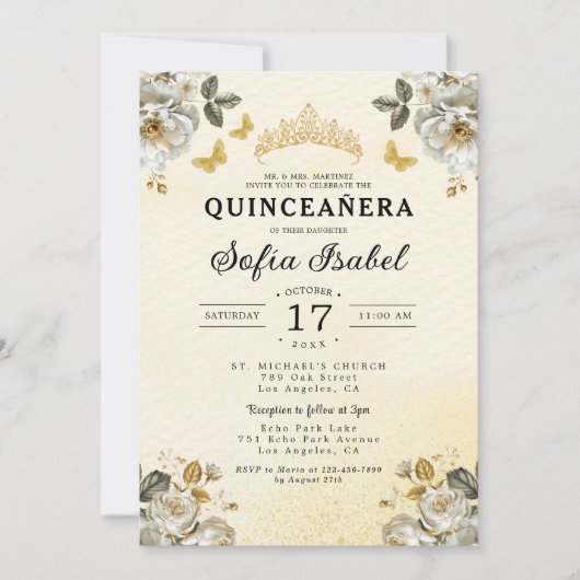 Floral Gold Butterfly Princess Quinceanera Kaart (Voorkant)