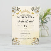 Floral Gold Butterfly Princess Quinceanera Kaart (Staand voorkant)