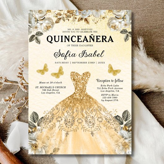 Floral Gold Butterfly Princess Quinceanera Kaart