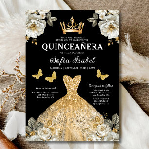 Floral Gold Butterfly Princess Quinceanera Kaart