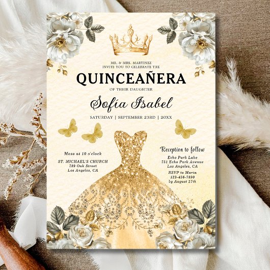 Floral Gold Butterfly Princess Quinceanera Kaart