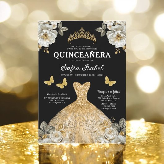 Floral Gold Butterfly Princess Quinceanera Kaart
