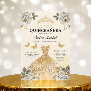 Floral Gold Butterfly Princess Quinceanera Kaart