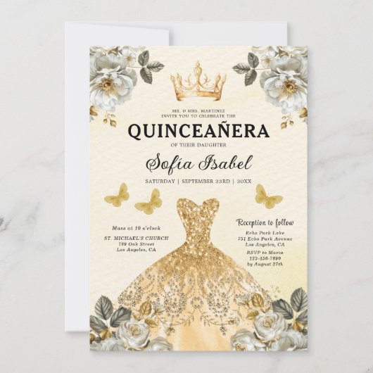 Floral Gold Butterfly Princess Quinceanera Kaart (Voorkant)