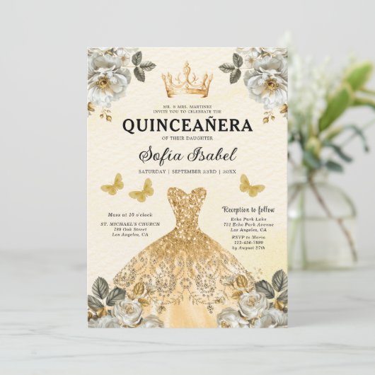 Floral Gold Butterfly Princess Quinceanera Kaart (Staand voorkant)