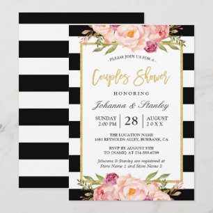 Floral Gold BW Stripes Wedding Couples Shower Kaart