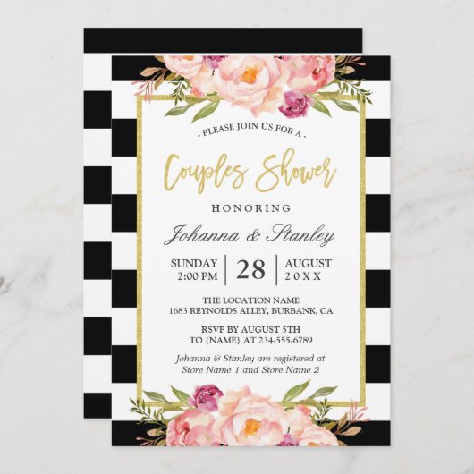 Floral Gold BW Stripes Wedding Couples Shower Kaart (Voorkant / Achterkant)