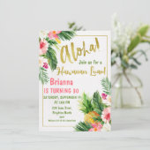Floral Gold Calligraphy Luau Birthday Invitation Kaart (Staand voorkant)