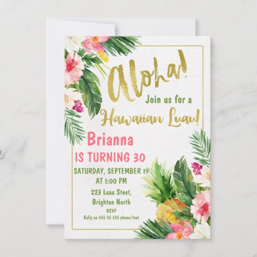Floral Gold Calligraphy Luau Birthday Invitation Kaart (Voorkant)