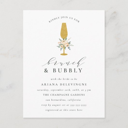 Floral Gold Champagne Flute Bridal Brunch en Bubbl Uitnodiging Briefkaart (Voorkant)