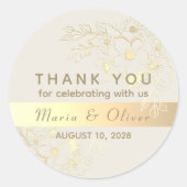 Floral Gold Cream Bruiloft Dank u Ronde Sticker (Voorkant)
