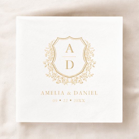 Floral Gold Crest Wedding Monogram Folie Servetten