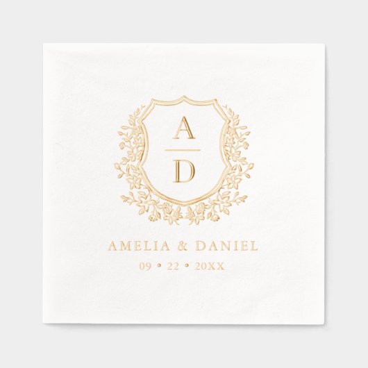 Floral Gold Crest Wedding Monogram Folie Servetten (Voorkant)