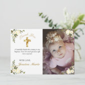  Floral Gold Cross Baptisme Foto: Dank je wel Bedankkaart (Staand voorkant)