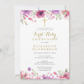 Floral Gold Cross, eerste Heilige Communie Kaart (Voorkant)