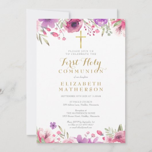 Floral Gold Cross, eerste Heilige Communie Kaart (Voorkant)