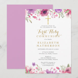 Floral Gold Cross, eerste Heilige Communie Kaart