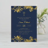 Floral Gold Cross Navy Boys Eerste Communie Folie Uitnodiging (Staand Voorkant)