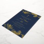 Floral Gold Cross Navy Boys Eerste Communie Folie Uitnodiging (Gedraaid)