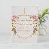 Floral Gold Cross Roze Orchideeën Eerste Communie Kaart (Staand voorkant)