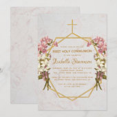 Floral Gold Cross Roze Orchideeën Eerste Communie Kaart (Voorkant / Achterkant)