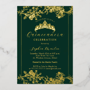 Floral Gold Emerald  Quinceanera Folie Uitnodiging