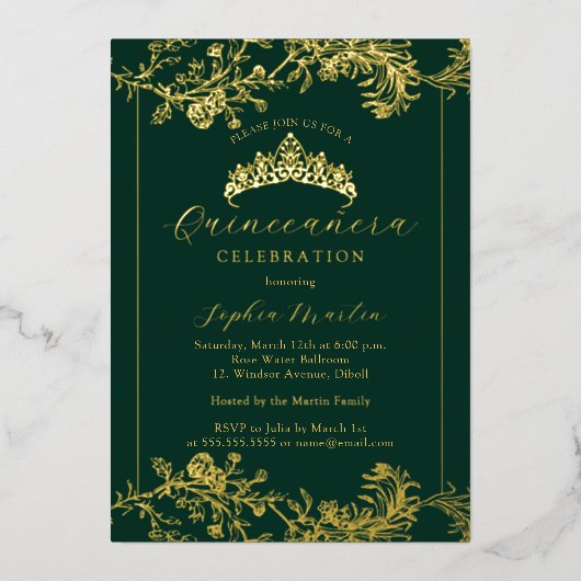 Floral Gold Emerald Quinceanera Folie Uitnodiging (Voorkant)
