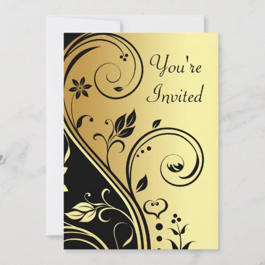 Floral Gold en Black Scroll All Occasion Invitatio Kaart (Voorkant)