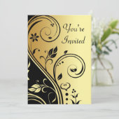 Floral Gold en Black Scroll All Occasion Invitatio Kaart (Staand voorkant)