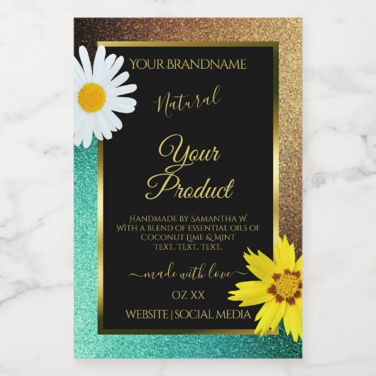 Floral Gold en Blauwgroen Glitter Black Product La Voedselcontainer Etiket (Enkel label)