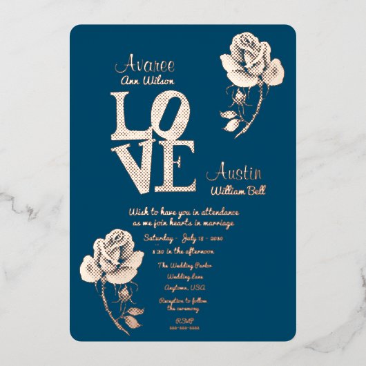 Floral Gold en Blue Folie Invitation Folie Uitnodiging (Voorkant)