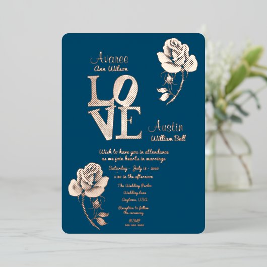 Floral Gold en Blue Folie Invitation Folie Uitnodiging (Staand Voorkant)