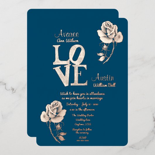 Floral Gold en Blue Folie Invitation Folie Uitnodiging (Voorkant / Achterkant)