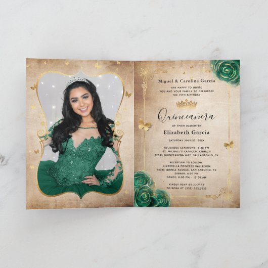 Floral Gold en Green Quinceañera Foto gevouwen (Binnen)