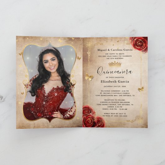 Floral Gold en Red Quinceañera Foto gevouwen (Binnen)