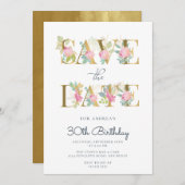 Floral Gold en roze letters Birthday Kaart (Voorkant / Achterkant)
