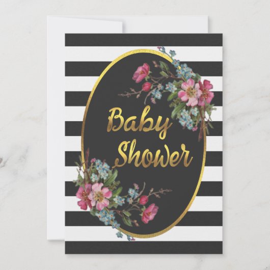 Floral Gold Foil Baby shower Zwart Wit Strepen Kaart (Voorkant)