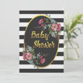 Floral Gold Foil Baby shower Zwart Wit Strepen Kaart (Staand voorkant)