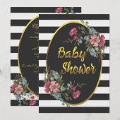 Floral Gold Foil Baby shower Zwart Wit Strepen Kaart (Voorkant / Achterkant)
