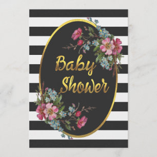 Floral Gold Foil Baby shower Zwart Wit Strepen Kaart