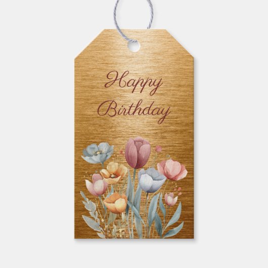 Floral Gold Foil Gelukkige Verjaardag Cadeaulabel (Voorkant)