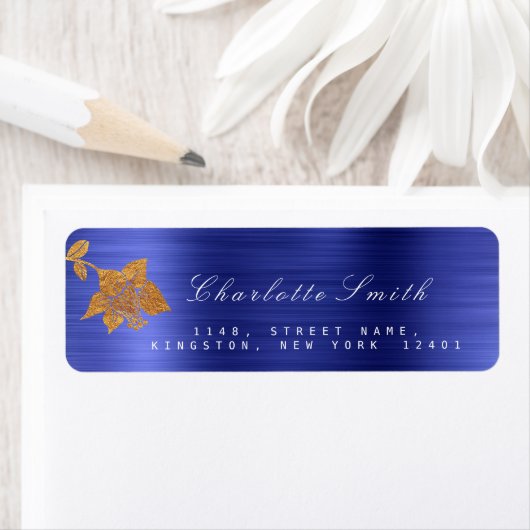 Floral Gold Foil Metallic Cobalt Blue RSVP Etiket (Insitu)