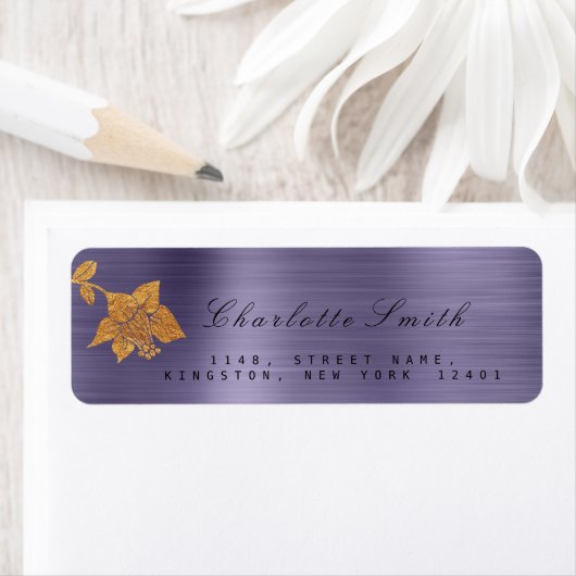 Floral Gold Foil Metallic Paars Plum RSVP Etiket (Insitu)