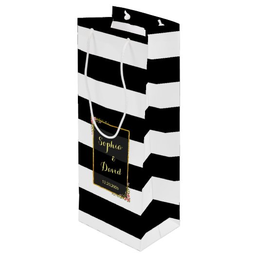 Floral Gold Foil Stripe Weddenwijn Wijn Cadeautas (Achterkant Gekanteld)