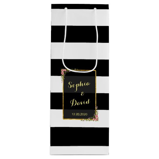 Floral Gold Foil Stripe Weddenwijn Wijn Cadeautas (Voorkant)