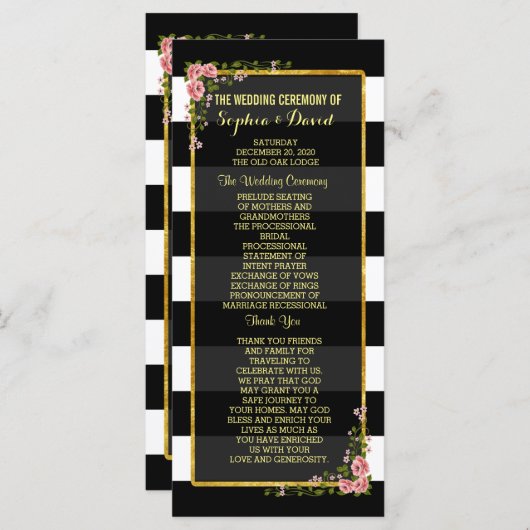 Floral Gold Foil Stripe Wedding Ceremony Programme Programmakaart (Voorkant / Achterkant)